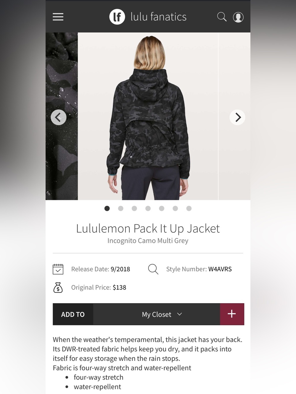 S26 Lululemon Pack It Up Jacket in Incognito Camo Multi Grey